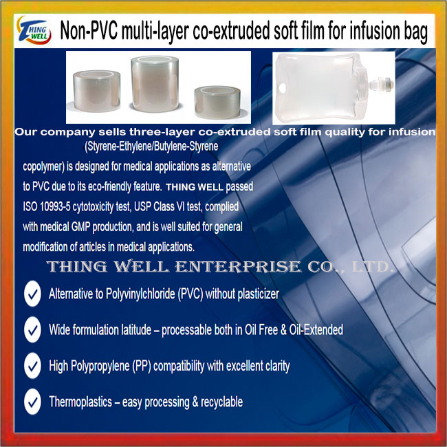 Non-PVC multi-layer co-extruded soft film for infusion bags